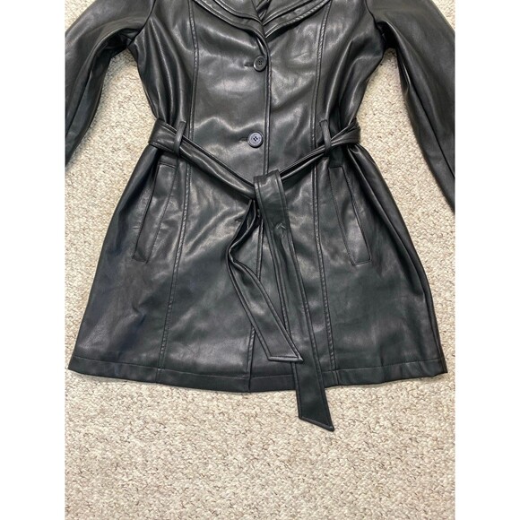 Kenneth Cole Black Faux Leather Trench Coat – Belted Longline Moto Chic M - Picture 4 of 12